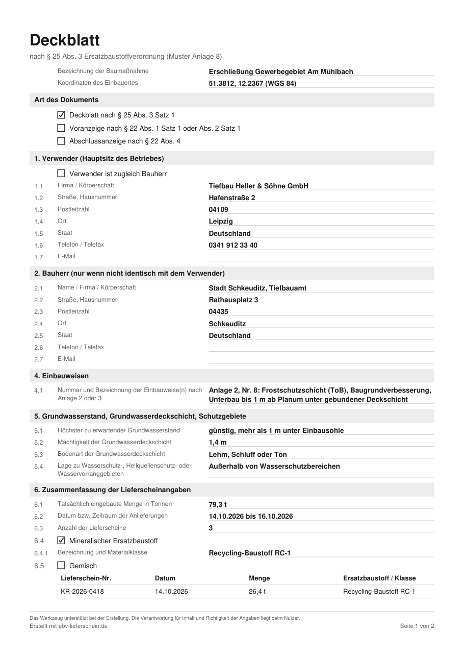 Ausgefülltes EBV-Deckblatt nach Muster Anlage 8 mit Verwender, Bauherr, Einbauweise, Grundwasserangaben und Zusammenfassung von drei Lieferscheinen