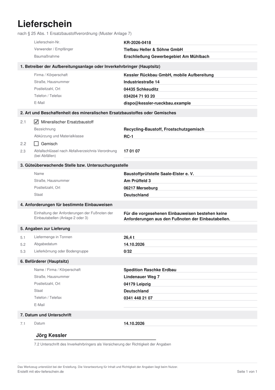 Ausgefüllter EBV-Lieferschein nach Muster Anlage 7 mit Recycling-Baustoff RC-1, Abfallschlüssel 17 01 07, Güteüberwachung, Liefermenge und Beförderer